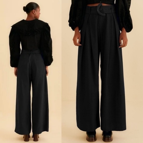 NEW! Farm Rio- Tailored Black Pants Buckle Belt Wide Leg Size XL Workwear - Picture 1 of 8